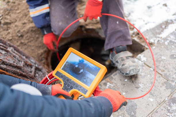 plumbers checking sewer manhole with borescope inspection camera